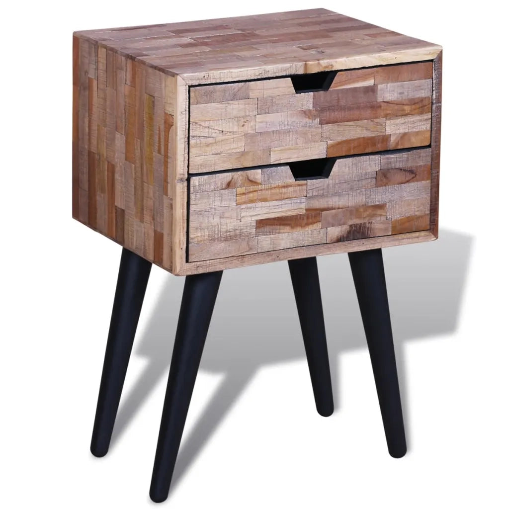 Comodino | Armadio da Notte | Mobiletto da notte con 2 Cassetti in Legno di Recupero di Teak
