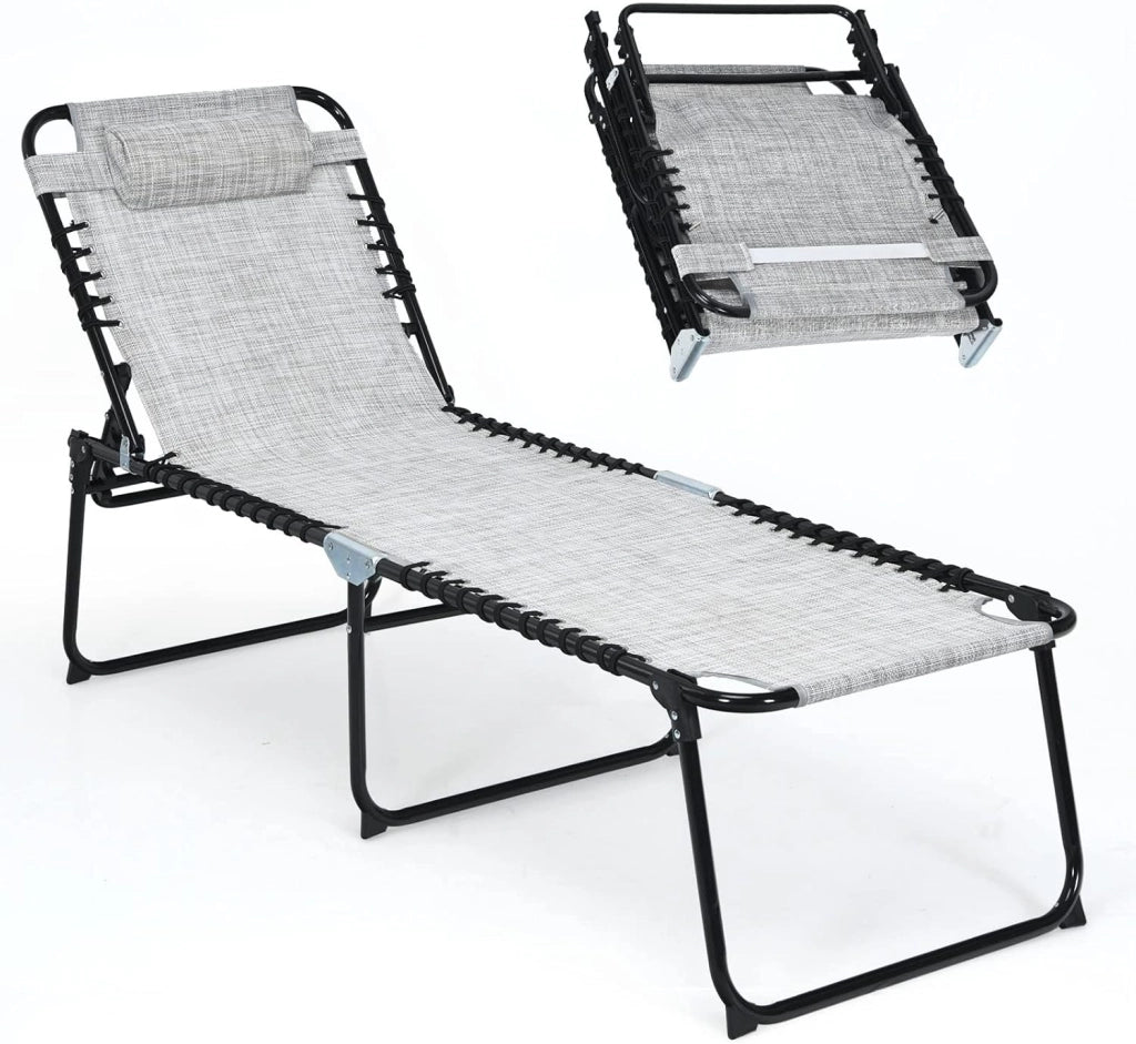 Lettino Prendisole, Lettino da Spiaggia Pieghevole, con Poggiatesta Rimovibile, Regolabili in 5 Posizioni, Sdraio Portatile con Piedini Antiscivolo, per Piscina, Giardino, Mare (Gray)