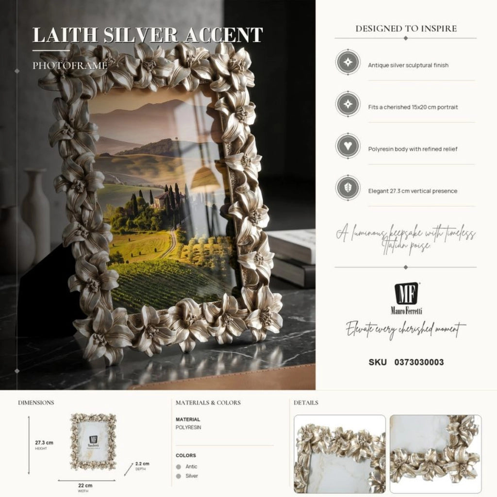 Cornice portafoto Glamour con rilievi floreali argento anticato