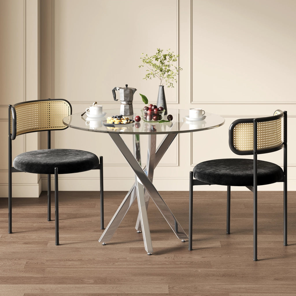 Tavolo da pranzo per 2-4 persone con piano in vetro temperato e gambe in metallo, design moderno, argento, 80 × 80 × 75 cm