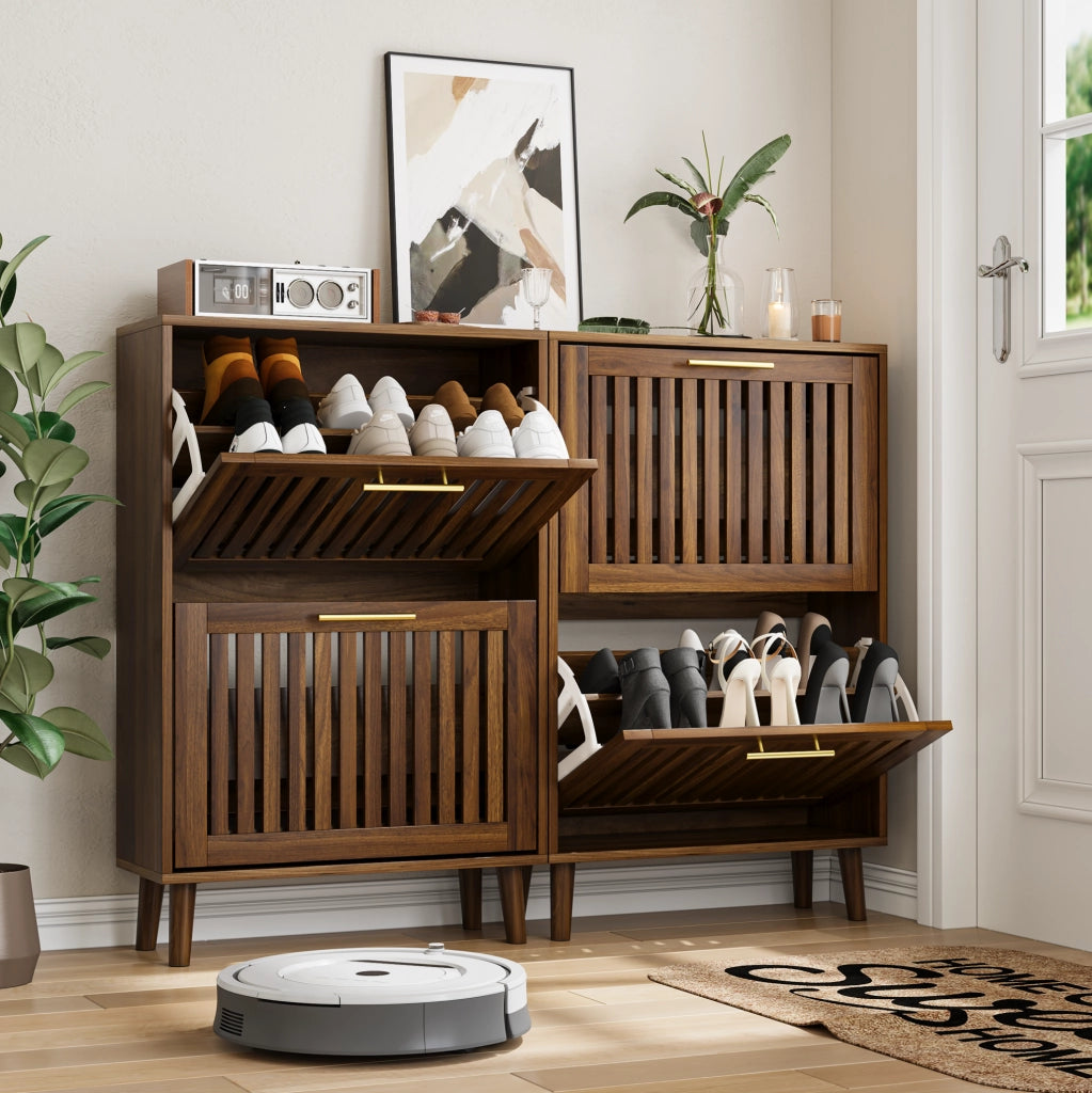 Scarpiera da ingresso 60 cm in finitura noce; stile country con due ribalte e ripiani