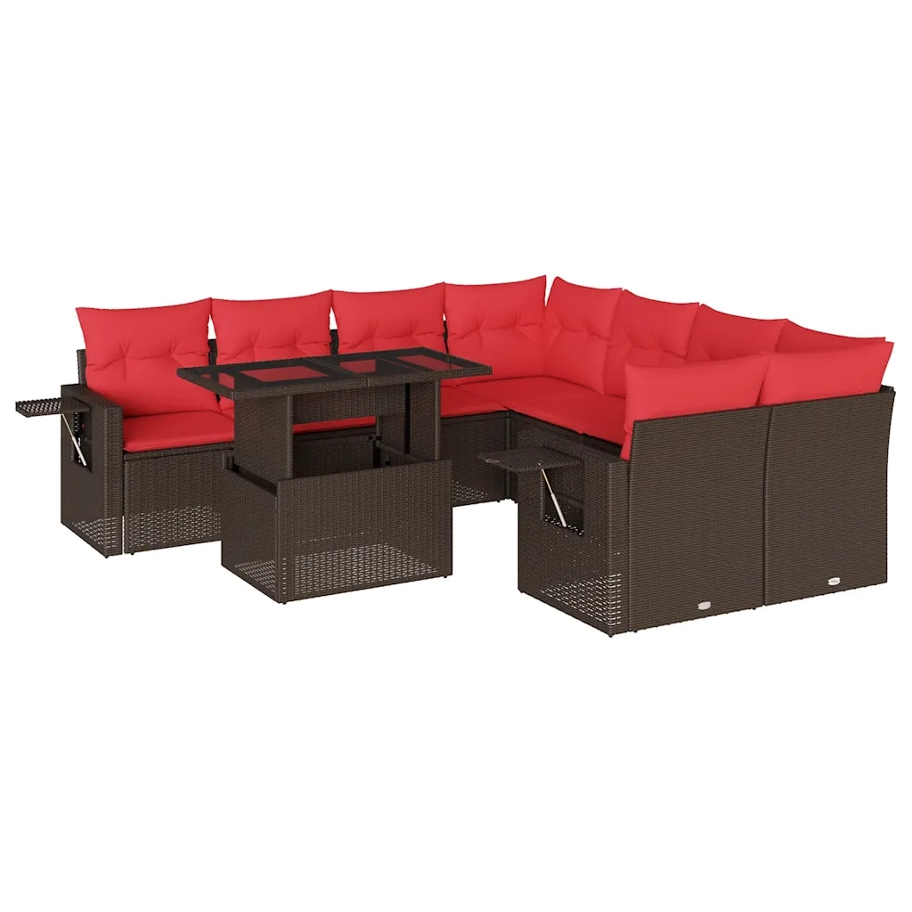 Set Divani da Giardino 9 pz con Cuscini Marrone in Polyrattan 3267804