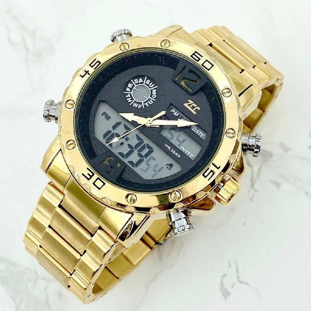 Trade Shop - Orologio Polso Zcc Uomo Acciaio Dual Time Data Allarme Impermeabile Dorato Nero -