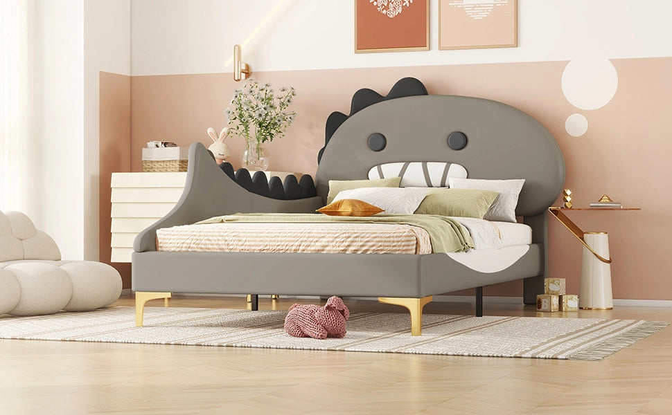 DESMIU Letto Bambino 90 × 200 cm 1 Posto con Testiera a Dinosauro, senza materasso, in PU e MDF, Grigio