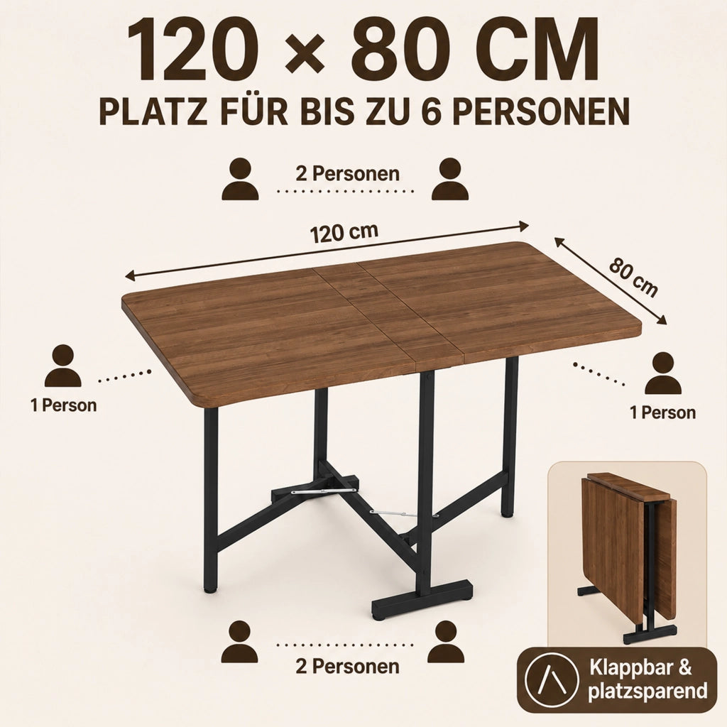 Tavolo da pranzo allungabile e pieghevole in MDF, finitura noce, struttura salvaspazio con supporto in lega, portata 60 kg