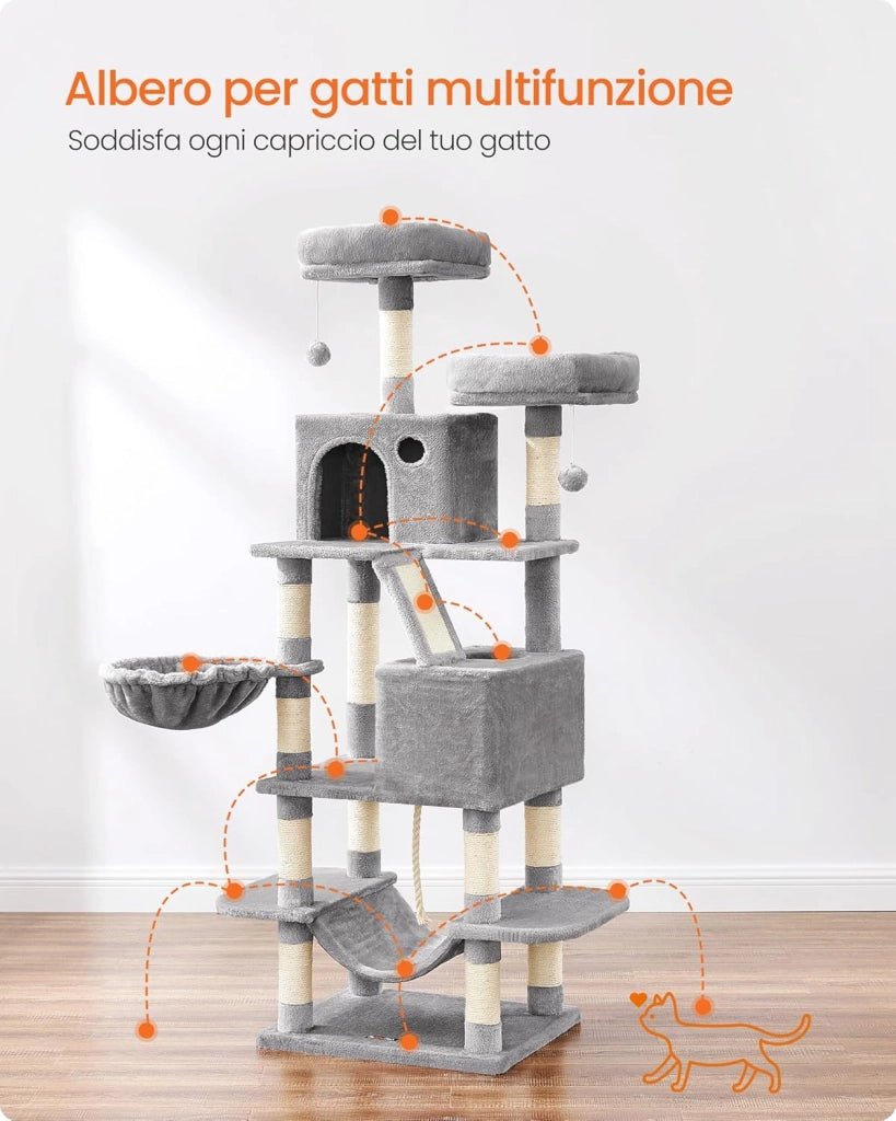 Feandrea Albero per Gatti, Alto 168 cm, Tiragraffi per Gatti con 13 Graffiatoi, 2 Posatoi, 2 Grotte, Cesto, Amaca, Pompon, in Peluche a Più Livelli per Interno, Grigio Chiaro PCT165W01V1