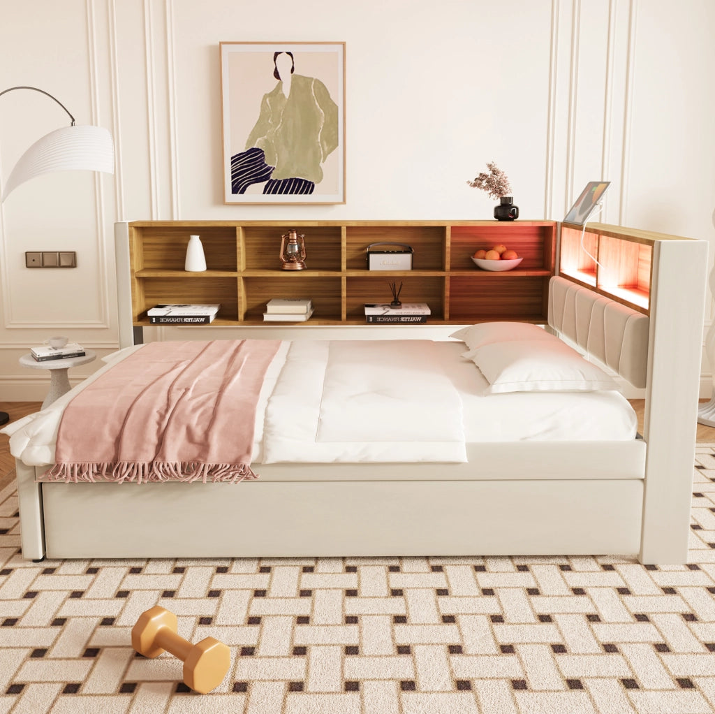 Divano letto multifunzione con letto estraibile, LED, prese e ampio spazio contenitivo