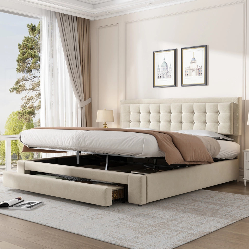 Letto matrimoniale 180x200 cm in velluto beige con contenitore; testiera regolabile e cassetti