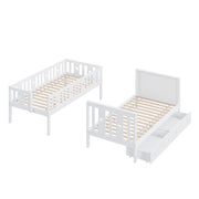 Letto a castello 90×200 cm e 90×200 cm con scala contenitore; 2 cassetti; senza materasso; bianco