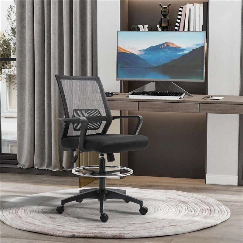 SEDIA DA UFFICIO REGOLABILE IN TESSUTO A RETE CON BRACCIOLI E ANELLO POGGIAPIEDI, 64X59X104-124 CM, NERO