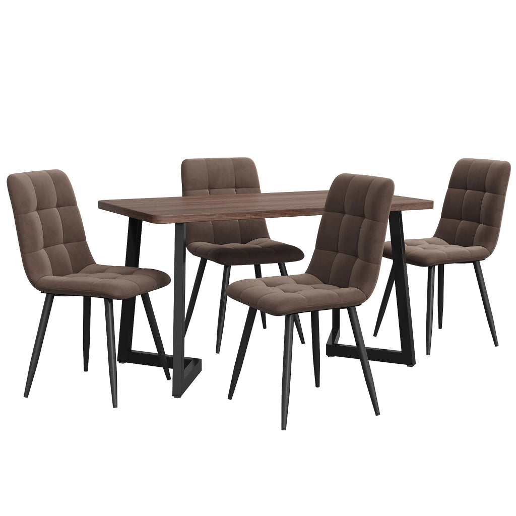 Tavolo da pranzo con 4 sedie set da cucina moderno piano in MDF color noce gambe in metallo nero e velluto