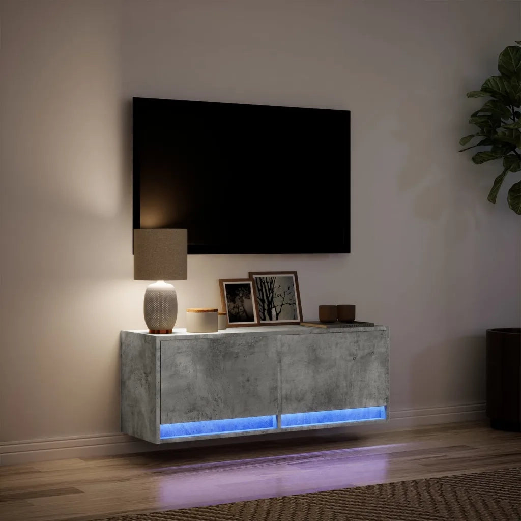 Mobile TV a Parete con Luci LED Grigio Cemento 100x31x35 cm