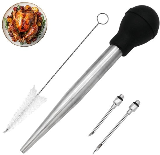 4 pezzi - Impastatrice per pollo - macinatrice per pollo da forno Spennelli per carne - per teglie、 marinatura e ripristino di croccure - acciaio inossidabile - iniettore di erbe (1 setaccio di pulizia e 2 aghi per marinatura)