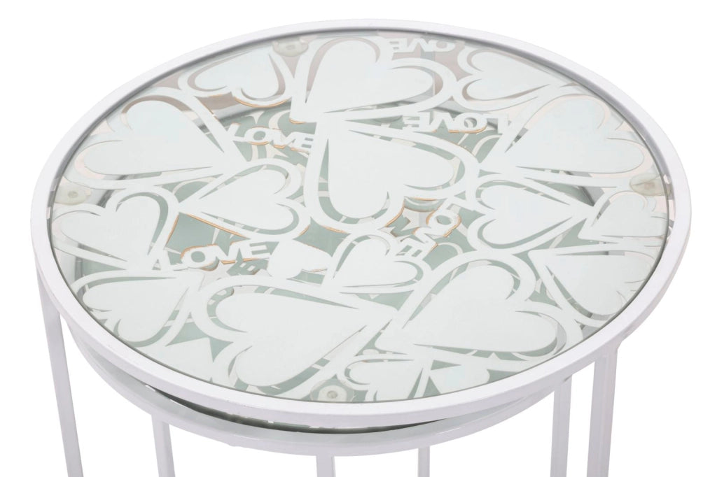 Tavolinetti Bianco Harts Coppia Ø43x60-38x55 cm in Ferro e Vetro Bianco