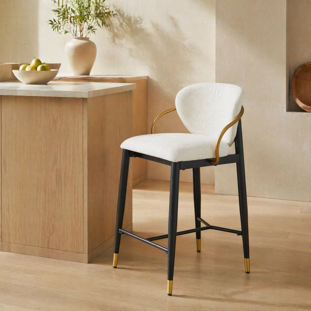 Sgabello da bar in ciniglia beige con struttura nero oro