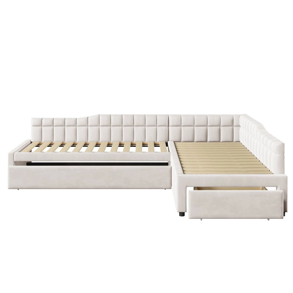 Letto imbottito a L con letto estraibile cassetti velluto beige ¨C Minimal ¨C 90x200 cm