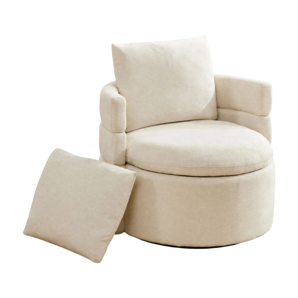 Poltrona girevole con contenitore e rotazione 360 gradi per soggiorno e camera in chenille avorio 72×66.5×76 cm