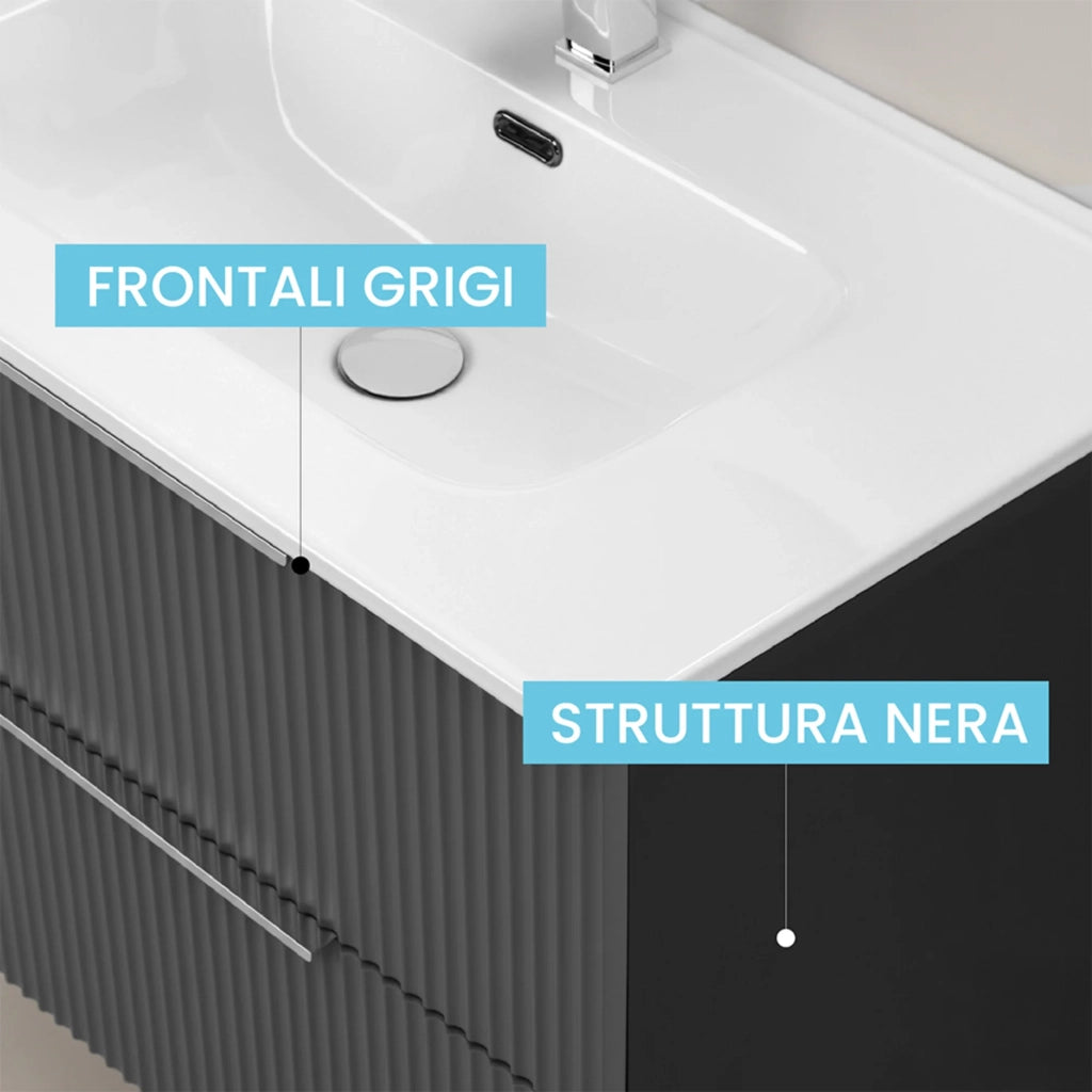 Mobile bagno sospeso 80 cm bicolore grigio cannettato e nero con lavabo  e specchio Zena