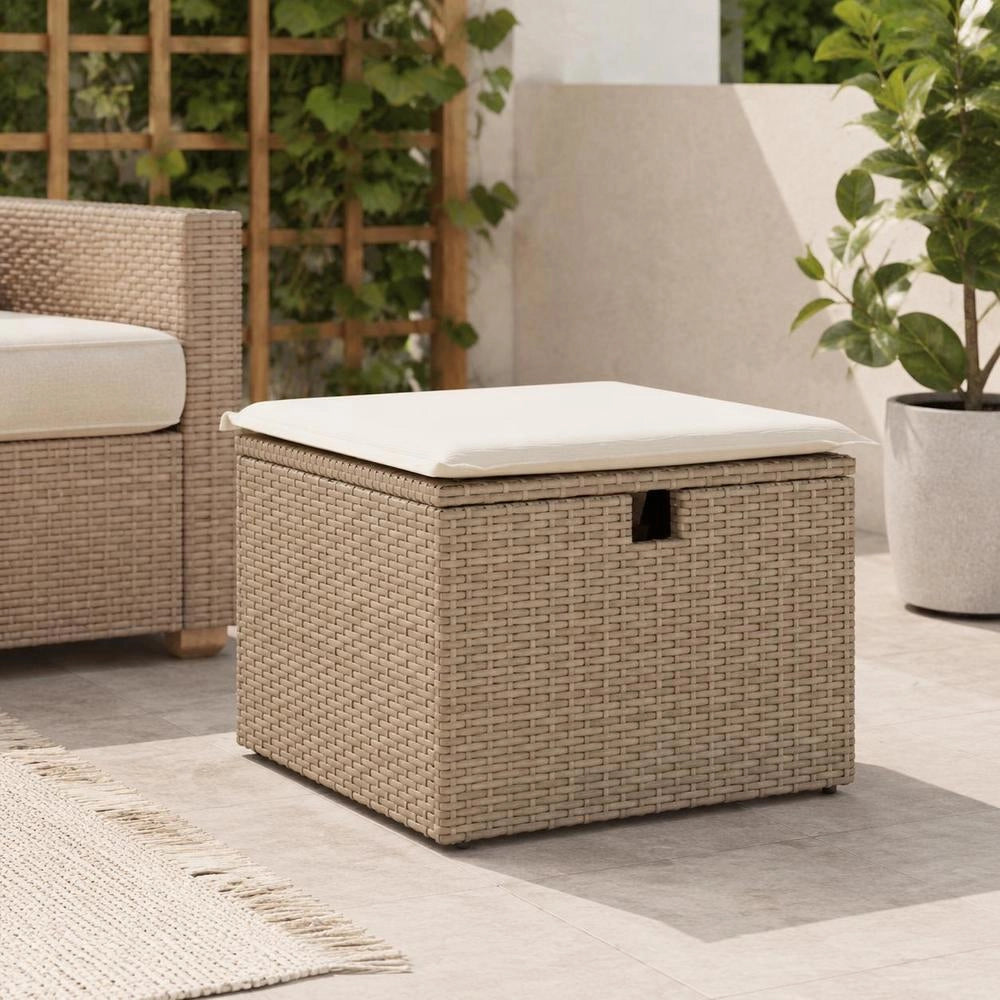 Garden Stool With Cushion, Beige, 55x55x37 Cm, Poly Rattan
