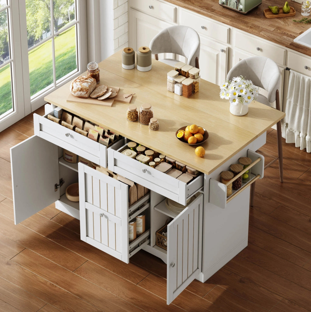 Isola cucina con piano ribaltabile 120x70x92 cm in MDF; naturale e bianco