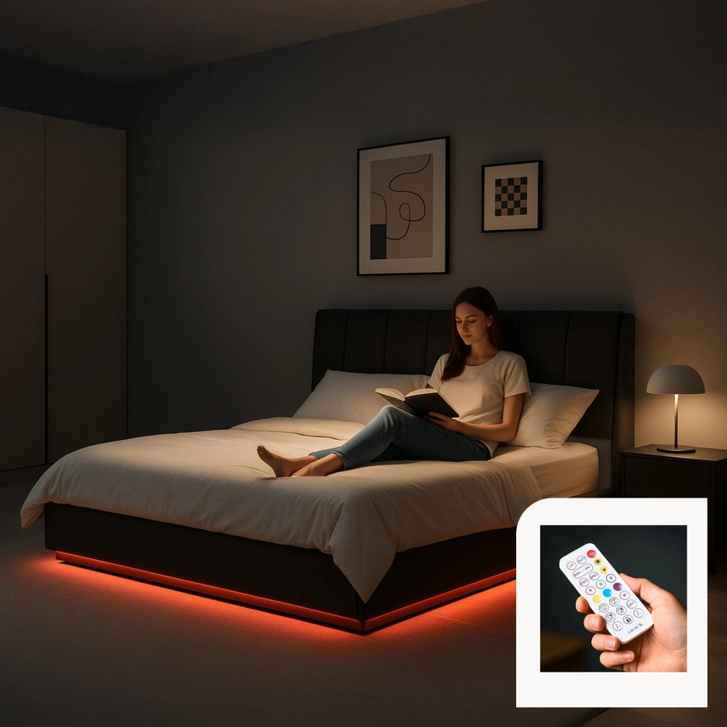 Letto Contenitore Tröstiar con Luce LED Letto Francese con Materasso 140x200 cm Nero [en.casa]