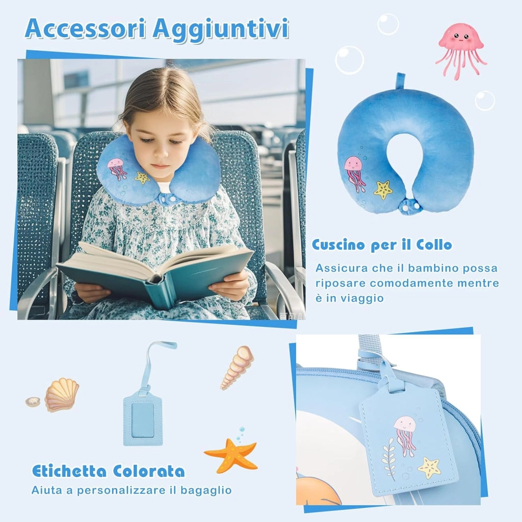 Set di Valiglie per Bambini, Set da 4 Pezzi con Trolley, Zaino, Cuscino per Collo ed Etichetta per Bagaglio, Valigia a Mano da Viaggio con Ruote Universale e Maniglia Regolabile (Sirena)