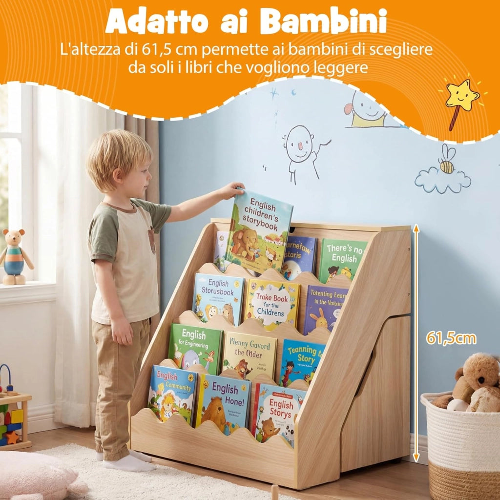 Libreria Montessoriana per Bambini 2in1, Scaffale per Libri a 4 Livelli con Carrello Portagiochi, Vano con Coperchio Ribaltabile, per Cameretta e Stanza dei Giochi, 63x49x61,5 cm (Naturale)