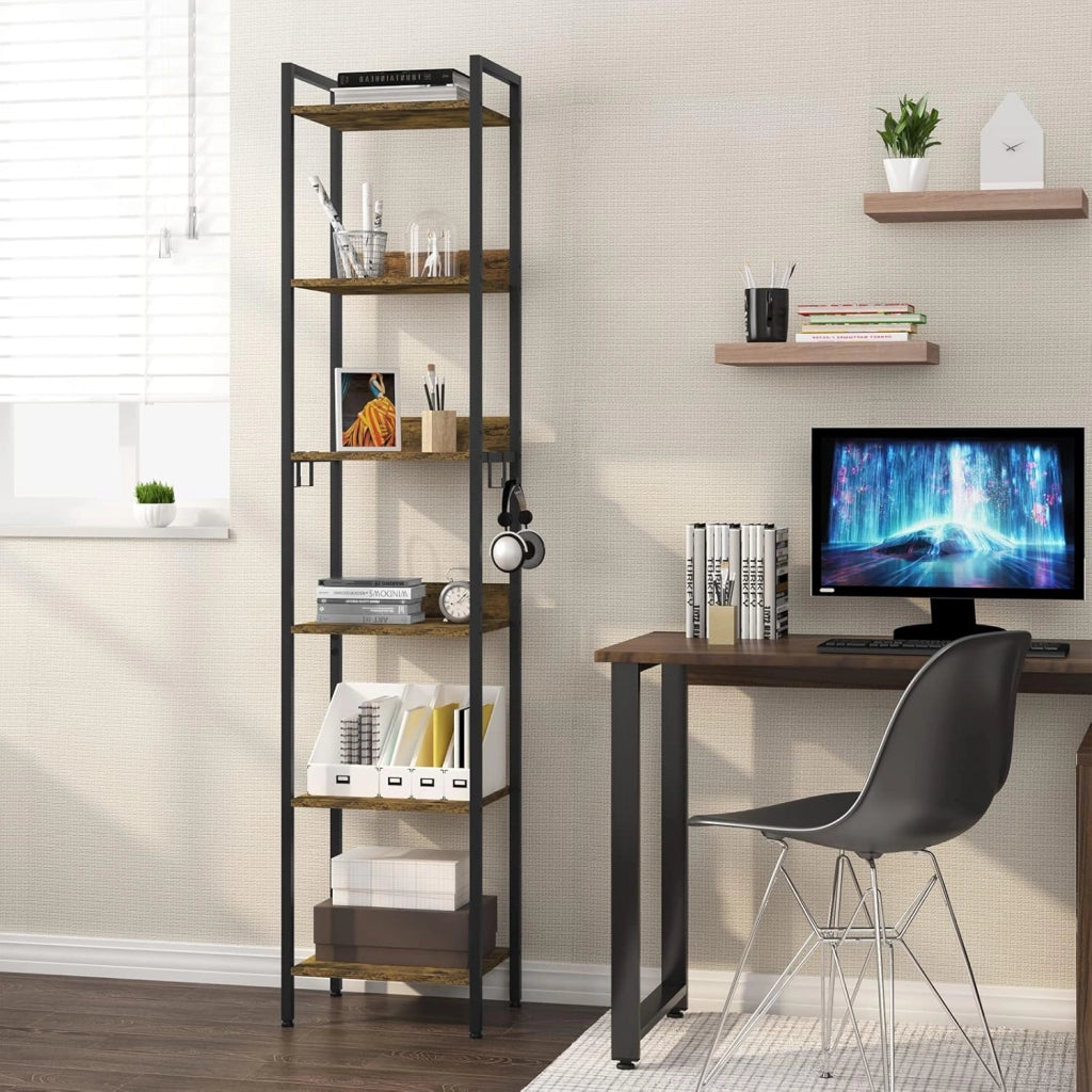 Libreria Industriale a 6 Livelli, Scaffale in Metallo e Legno per Soggiorno e Cucina, Salvaspazio con 4 Ganci, Nero + Legno Vintage, 40x30x187cm