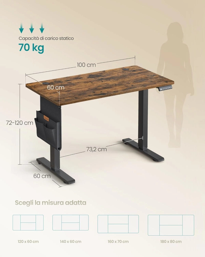 SONGMICS Scrivania Regolabile in Altezza Elettrica, 100 x 60 cm, Scrivania Elettrica, Tavolo con Memoria per 4 Altezze, Porta USB-C, Marrone Vintage LSD130KD01