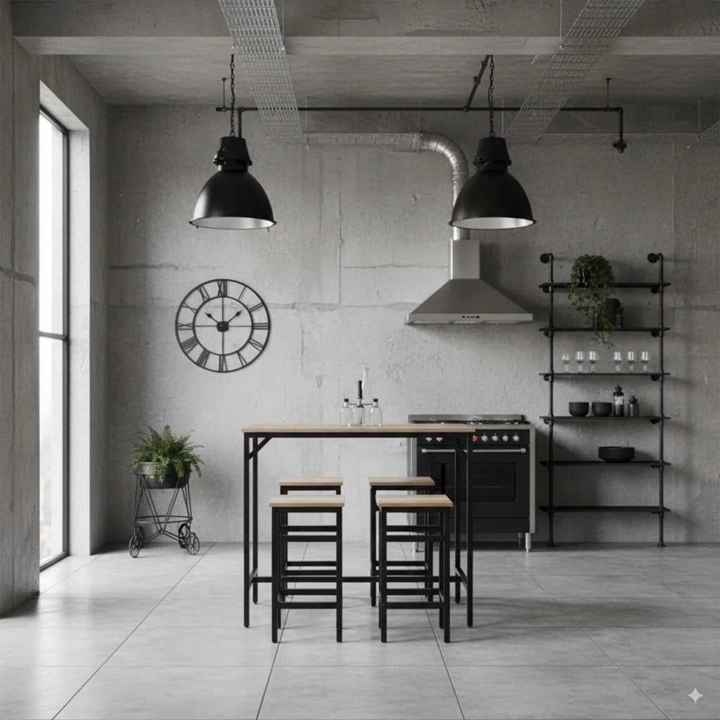 Sabi - Tavolo bar con 4 sgabelli quadrati in stile industrial bleach, set angolo breakfast