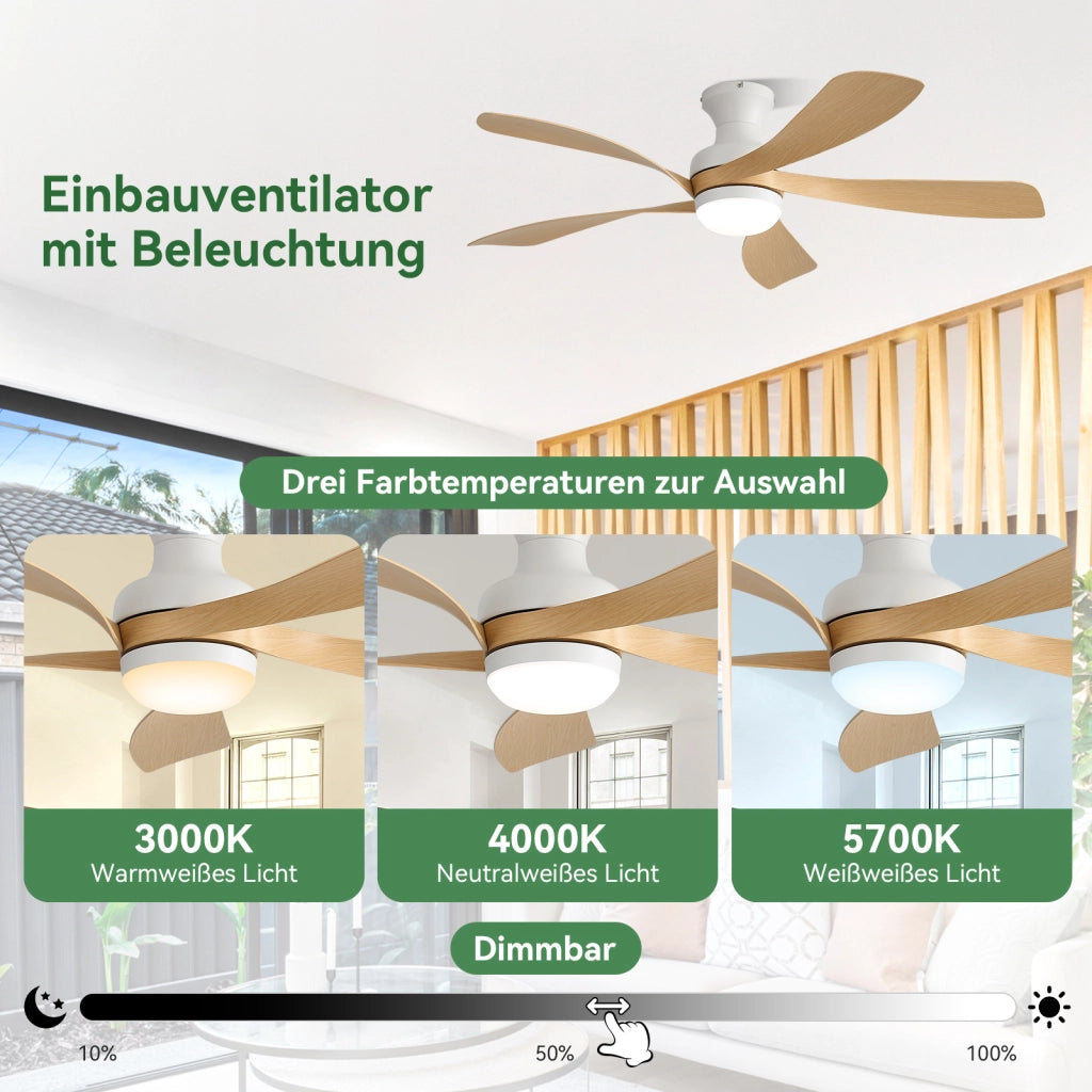 Ventilatore da soffitto bianco con LED dimmerabile, motore DC silenzioso e telecomando