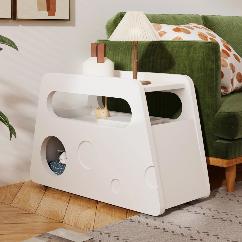 Tavolino Portaoggetti con Ruote e Aperture Laterali; Design Arrotondato; Stile Minimal; in MDF e Truciolare; 81×33×51;5 cm; Bianco