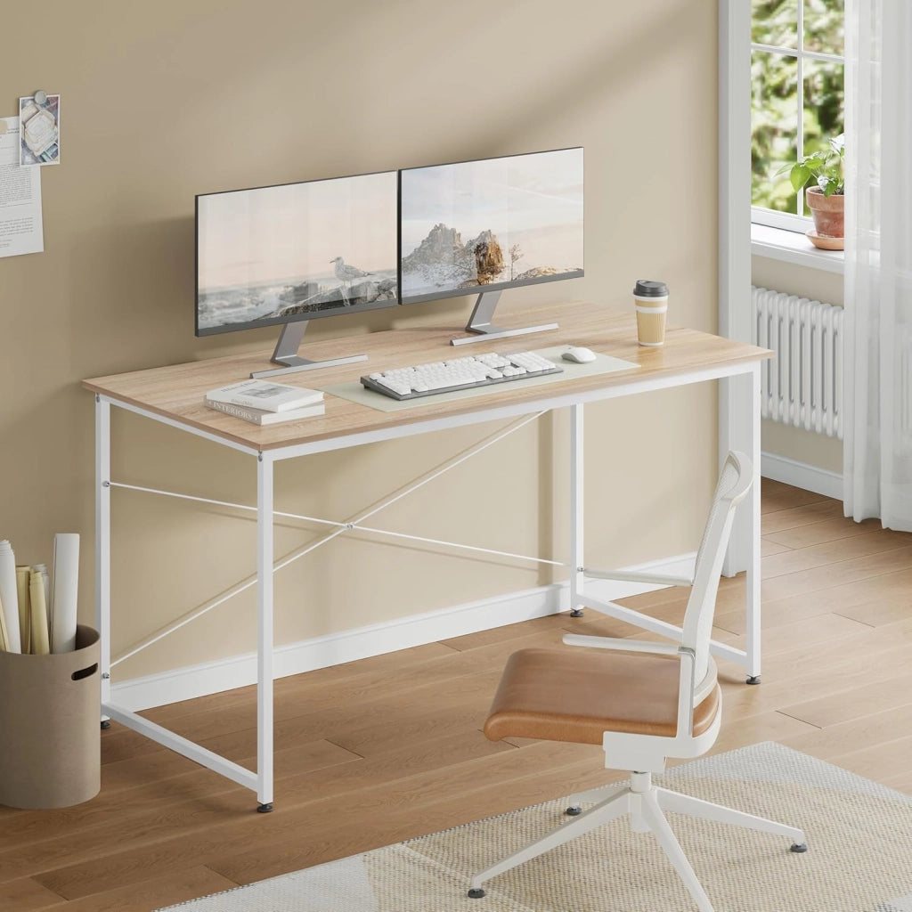 Scrivania per Computer Piccola, 140x60 cm, Struttura in Metallo, per Ufficio Casa Studio Camera da Letto, in Materiale a Base di Legno, Rovere Chiaro
