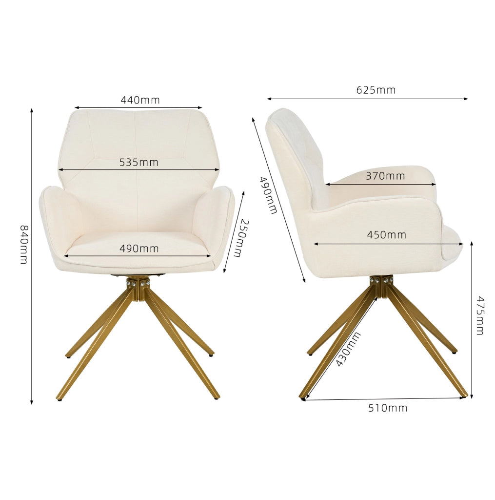 Set di 2 sedie girevoli 60.0x56.0x59.0 cm con schienale e braccioli in chenille e metallo crema