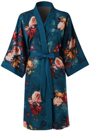 Kimono corto per donne - Abito da sera con tasche fiori - Camicia da notte (Verde scuro)
