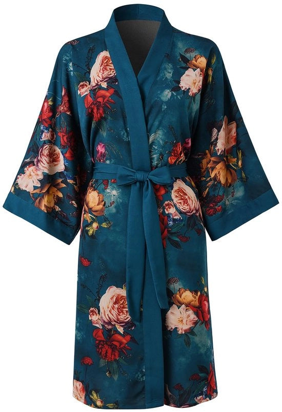 Kimono corto per donne - Abito da sera con tasche fiori - Camicia da notte (Verde scuro)