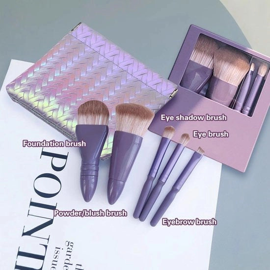 Set di pennelli per trucco con 5 pennelli e 1 mini custodia, set di pennelli per trucco con specchio, strumenti per la bellezza, pennelli per trucco portatili, accessori da viaggio