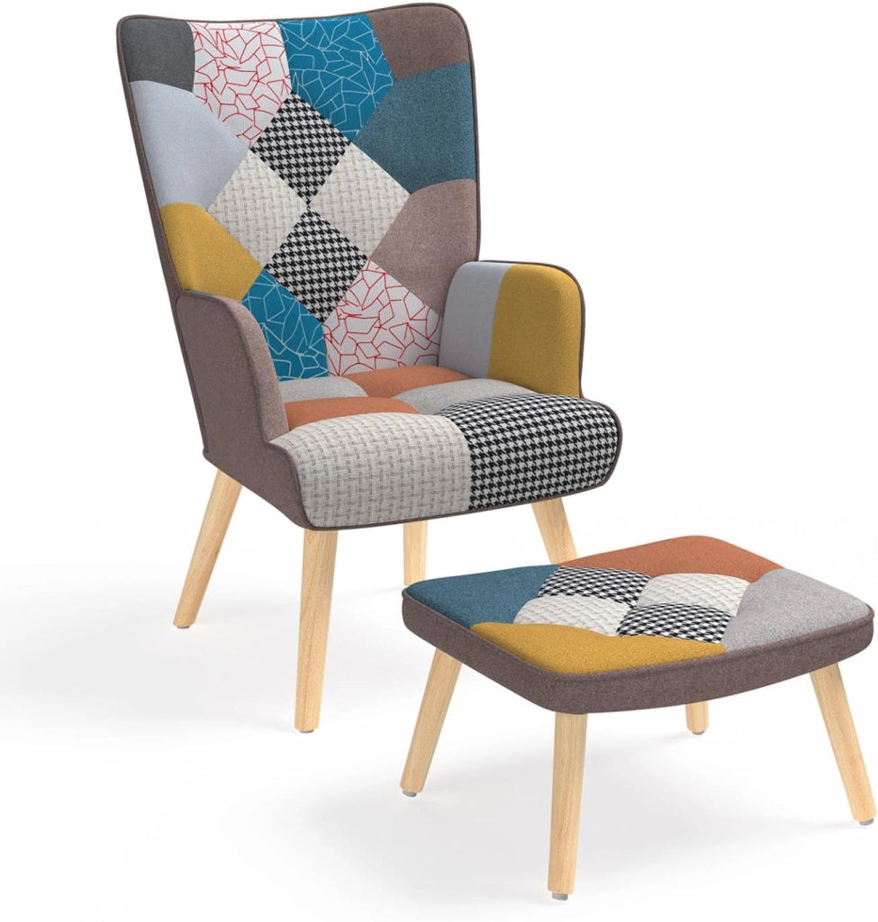 Poltrona scandinava IVAR con poggiapiedi in tessuto patchwork multicolore