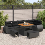 Set divano da giardino 9 pezzi con cuscini in rattan poly nero e acacia