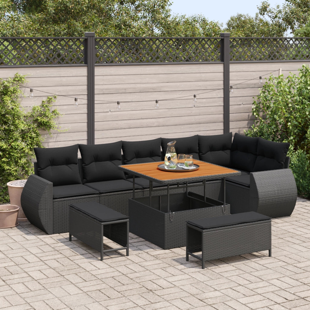Set divano da giardino 9 pezzi con cuscini in rattan poly nero e acacia