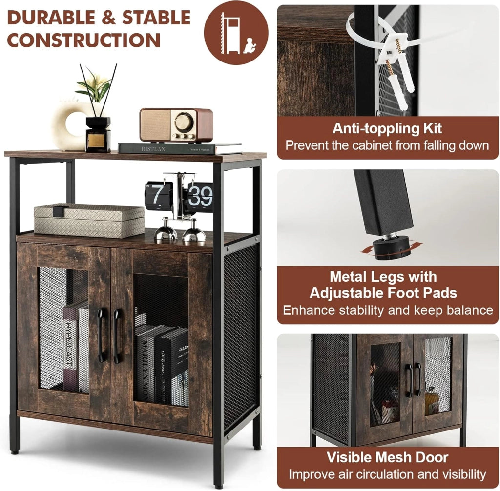 Cantinetta Porta Bottiglie da Vino, Credenza Industriale con 5 Portabottiglie Rimovibili, con Porta in Metallo a Rete Metallica, 60x34x79cm (Marrone)