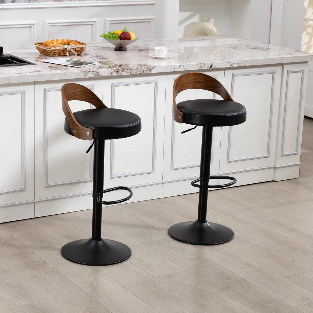 Sgabello da Bar Girevole con Schienale ¨C MINIMAL ¨C Noce Nero, Seduta in PU, Altezza Regolabile