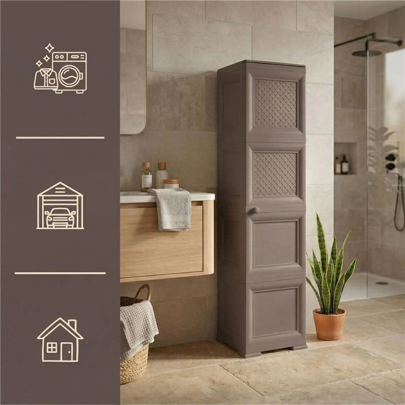MOBILE ORGANIZZATORE BAGNO 4 MODULI WENGÉ 40X43X164 CM CON 2 ANTE TRAFORATE E 2 ANTE EFFETTO LEGNO – MOBILE CONTENITORE VERTICALE SALVASPAZIO
