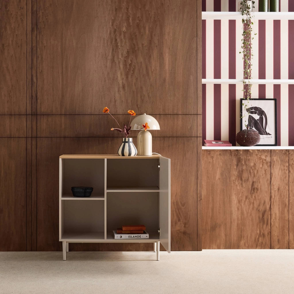 Credenza in metallo e decorazione in legno 1 anta, 80cm, beige