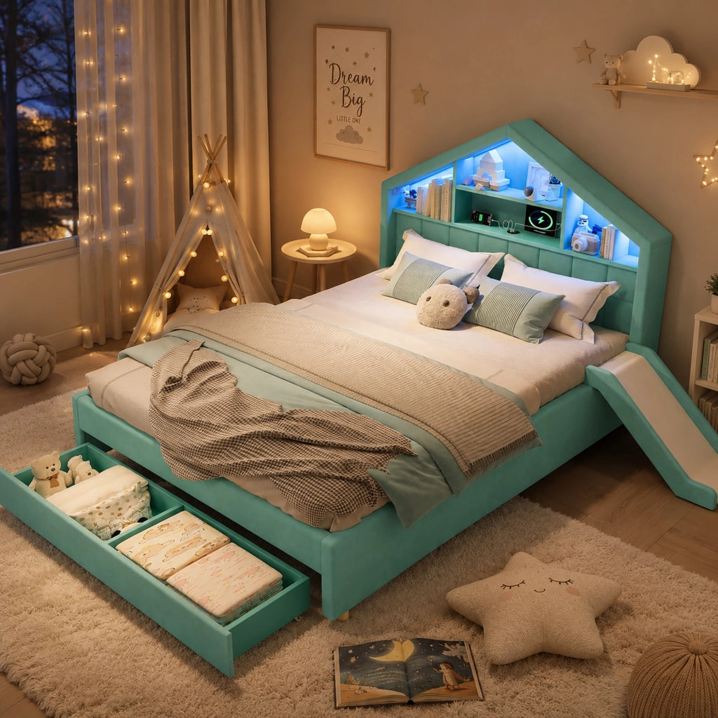 Letto per Bambini 140x200 cm; Scivolo; LED; Porta di Ricarica e Contenitore in Velluto