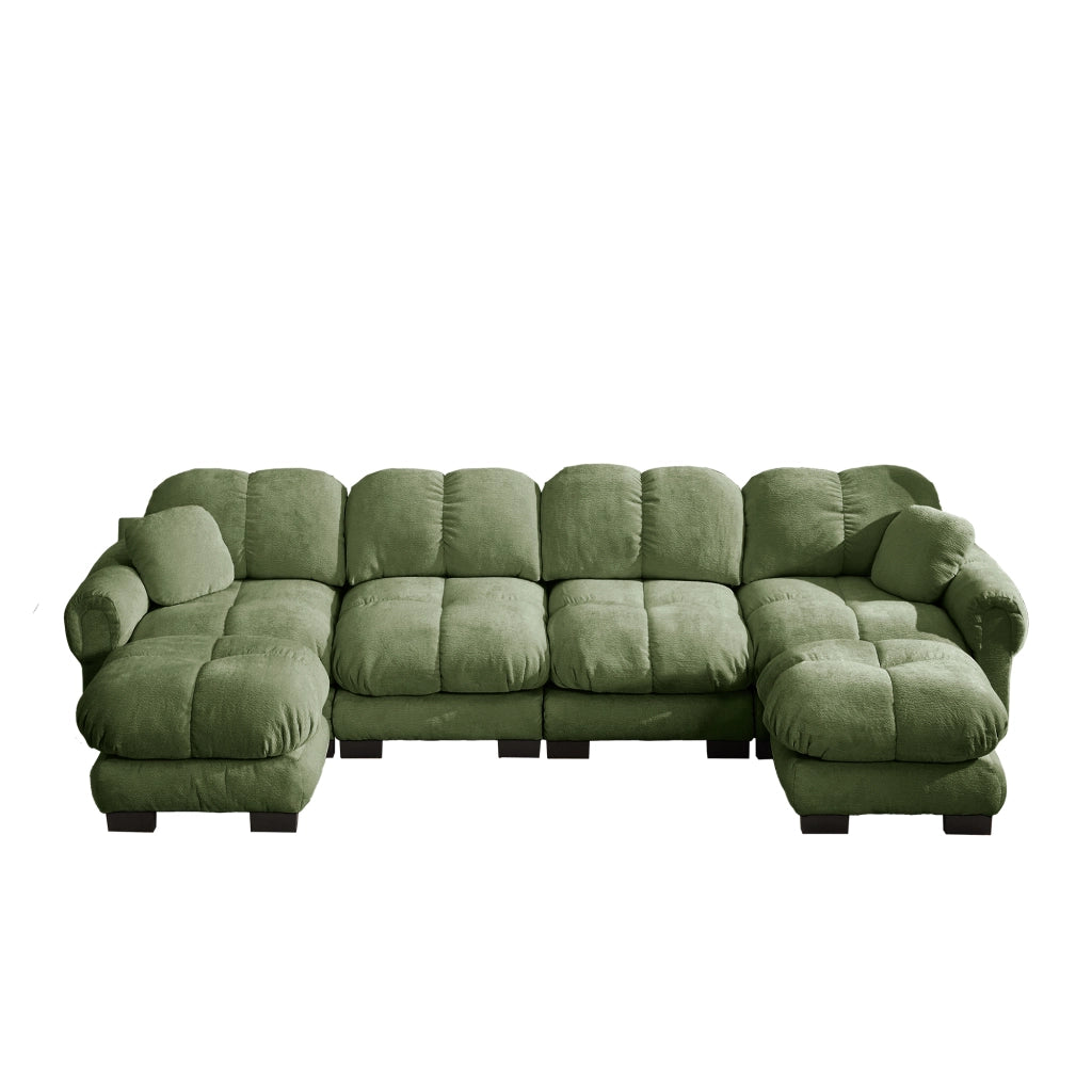 Divano panoramico a U modulare con 2 pouf mobili; cuscino lombare e schienale curvo in chenille verde