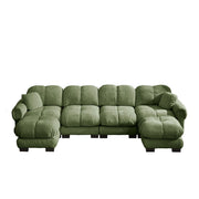 Divano panoramico a U modulare con 2 pouf mobili; cuscino lombare e schienale curvo in chenille verde