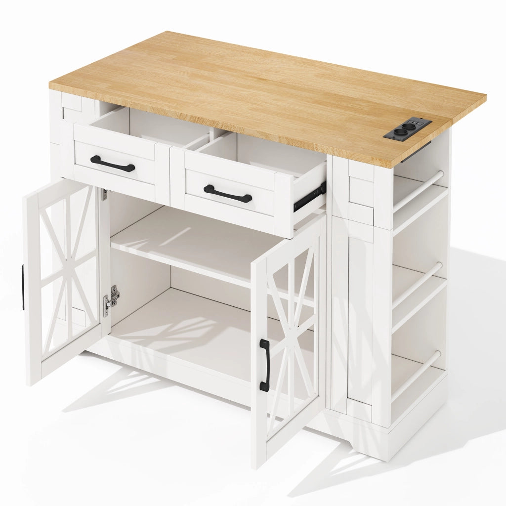 Isola da Cucina Mobile 120x40/65x92 cm con Piano Ribaltabile; 2 Prese; 2 USB; Ante in Vetro e Ruote