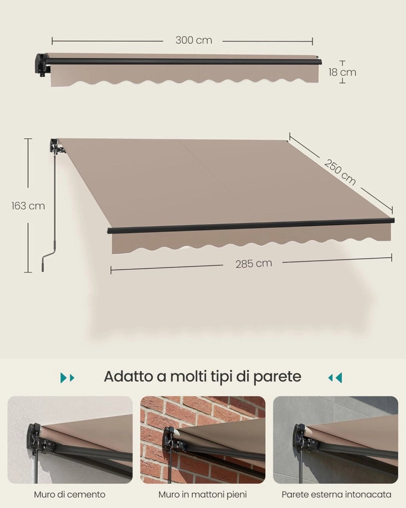 SONGMICS Tenda da Sole a Bracci Articolati, Tenda con Manovella, Parasole per Balcone, UPF 50+, Lega di Alluminio, Regolabile, 300 x 250 cm, Marrone Giallastro GSA306KZ01