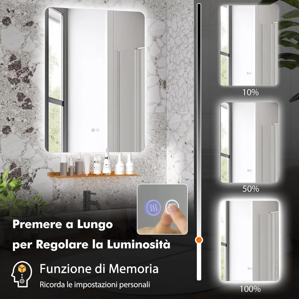 Specchio da Parete 70 x 50cm, Specchio Bagno Rettangolare con Luci Led a 3 Colori, Mensola e Funzioni di Autosbrinante e di Memoria, per Soggiorno e Camera da Letto, IP44